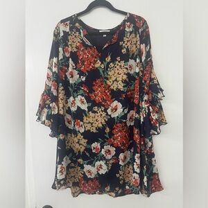 Umgee Navy Floral Dress with Ruffle Sleeves